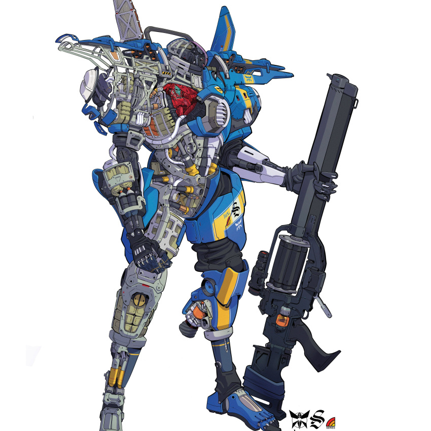 1boy, absurdres, cable, clenched_hand, cockpit, english_commentary, gun, helmet, highres, holding, holding_gun, holding_weapon, lancer_rpg, mecha, monarch_(lancer_rpg), official_art, olympia_sweetman, piston, red_eyes, science_fiction, solo, standing, thrusters, weapon, white_background, x-ray