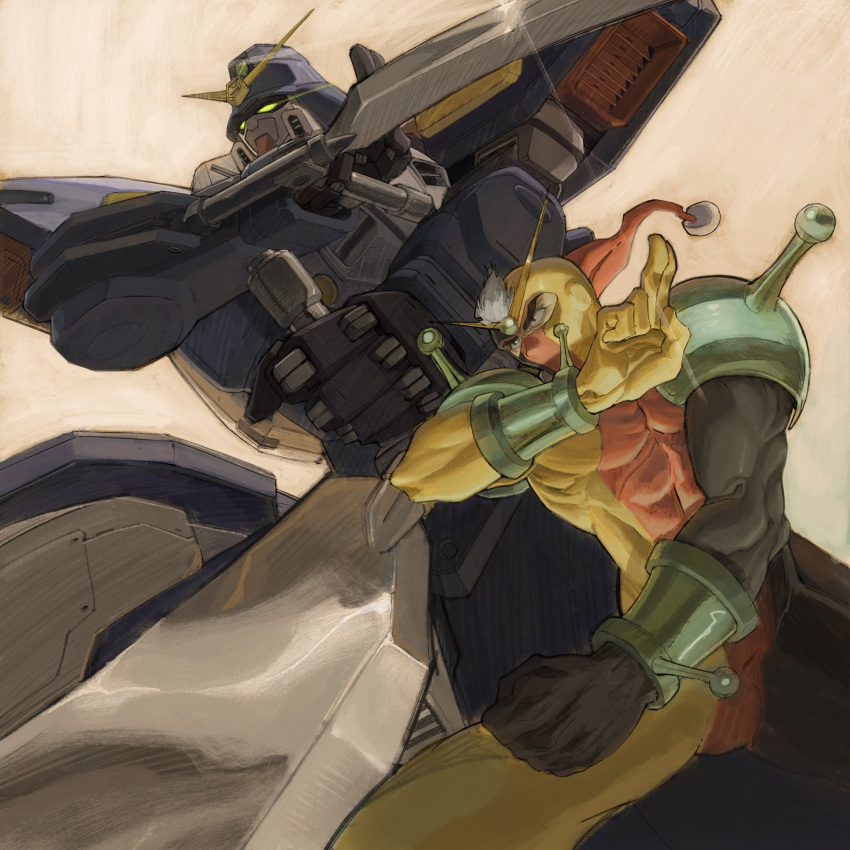 1boy, beige_background, black_eyes, clenched_hand, english_commentary, fighting_stance, g_gundam, green_eyes