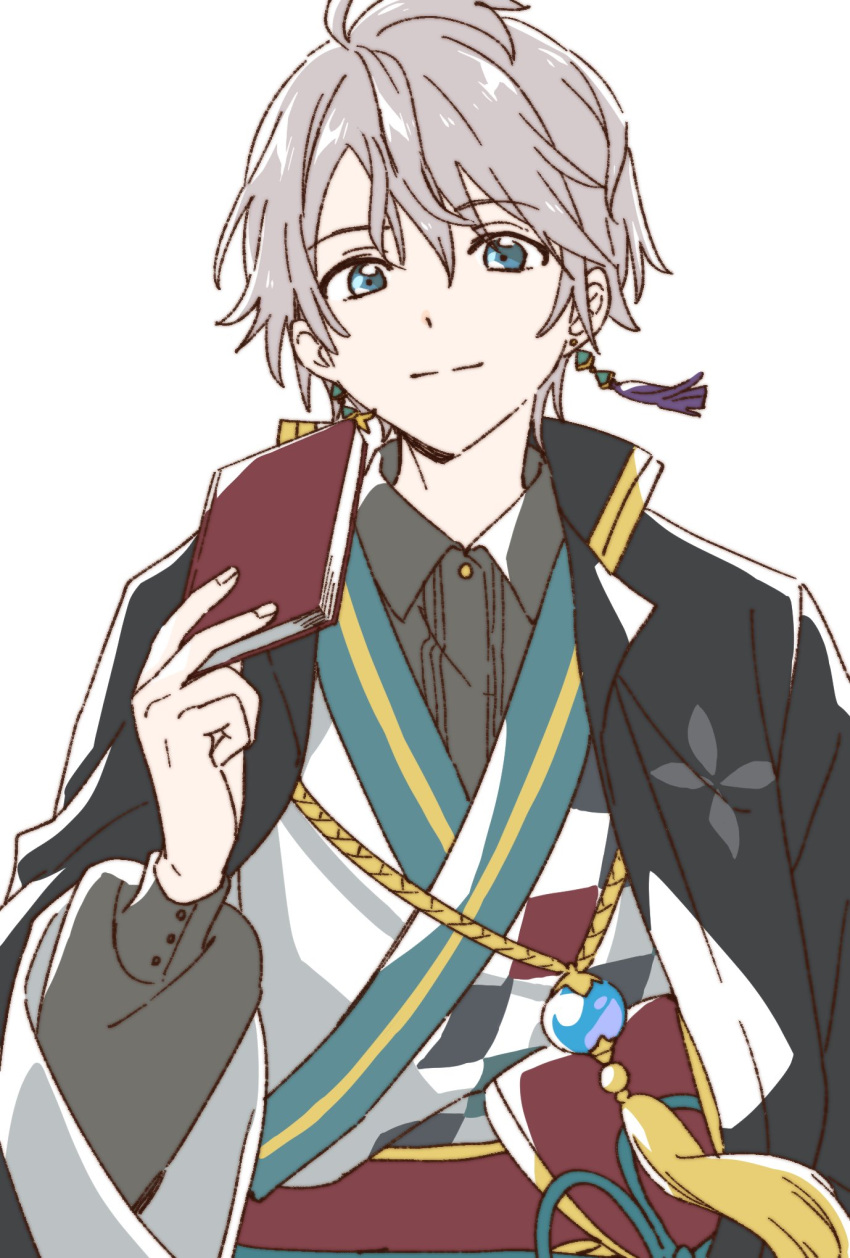 1boy, black_hakama, black_jacket, blue_eyes, earrings, hakama, highres, holding
