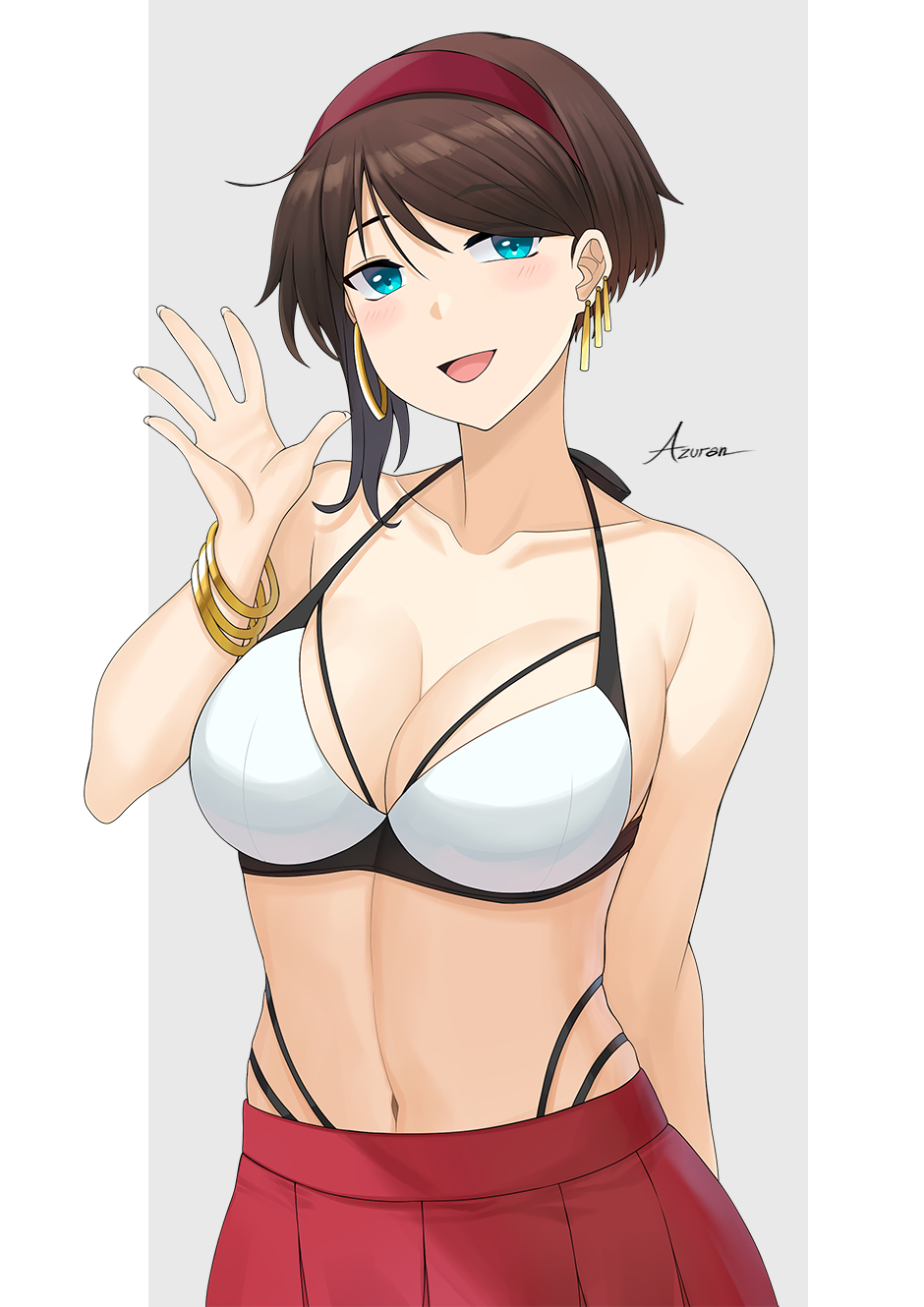1girl, :d, aori_sora, arm_behind_back, artist_name, asymmetrical_earrings, asymmetrical_hair, bare_shoulders