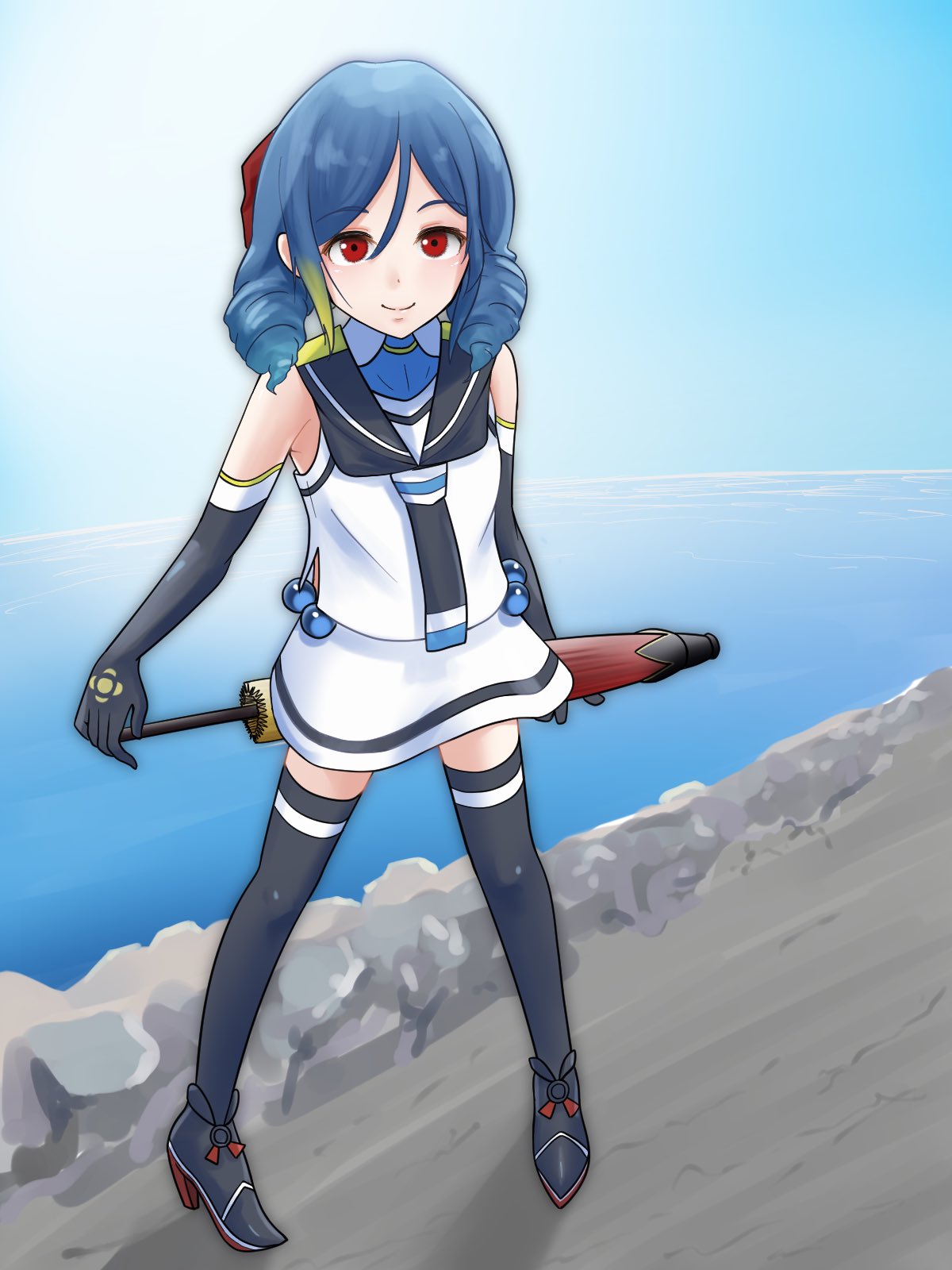 1girl, alternate_hair_color, black_gloves, black_legwear, black_neckerchief, black_sailor_collar, blue_hair, bow