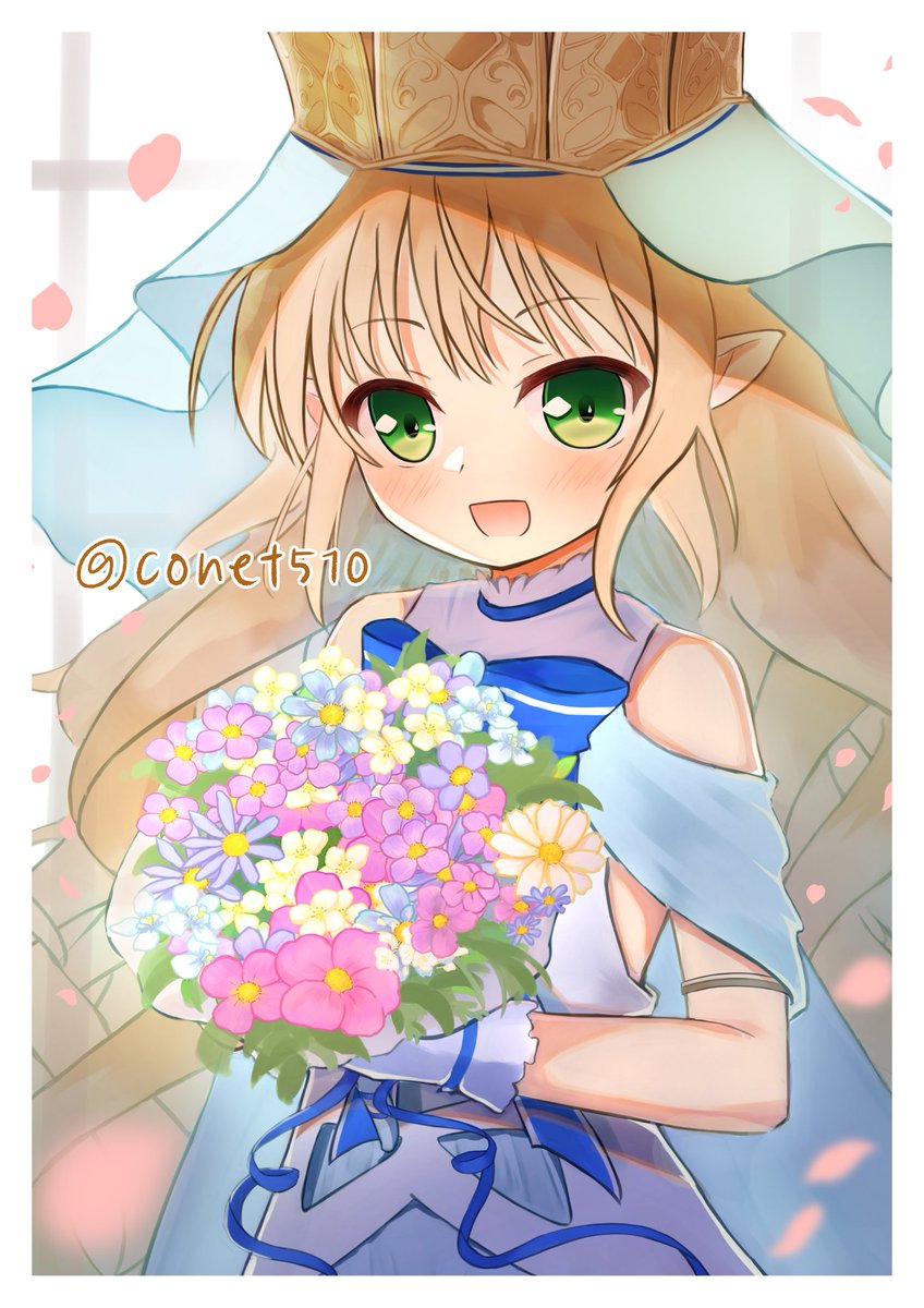 1girl, blonde_hair, blue_dress, blue_ribbon, blush, bouquet, bridal_veil, conet510, dress, elf, flower, gloves, green_eyes, highres, holding, holding_bouquet, holding_flower, irina_bondarchuk, iris_mysteria!, long_hair, petals, pointy_ears, ribbon, rose_petals, smile, solo, veil, wedding_dress, white_gloves