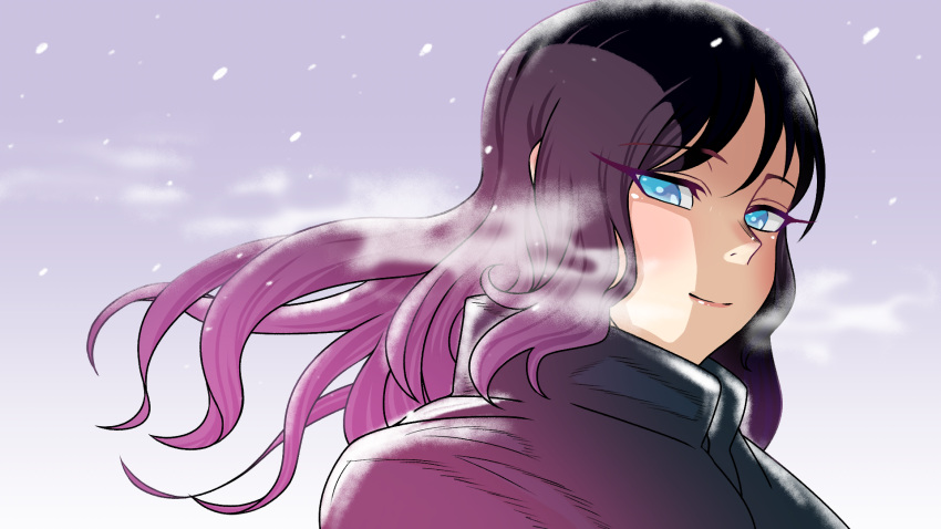 1girl, alternate_hairstyle, apex_legends, bangs, black_hair, black_jacket, blue_eyes, blush