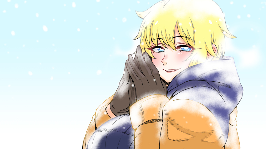 1girl, apex_legends, bangs, black_gloves, blonde_hair, blue_scarf, blue_sweater, blush