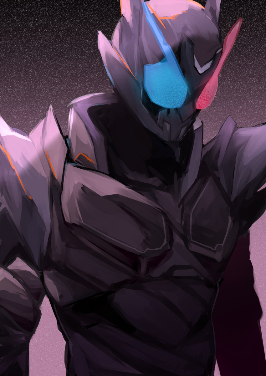 1boy, absurdres, armor, black_armor, black_background, blue_eyes, hazard_trigger, heterochromia