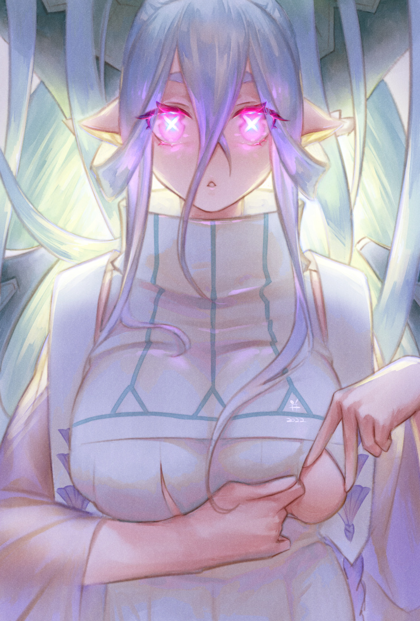 +_+, 1girl, absurdres, backlighting, bing_(fukuwarai), braid, breasts, clothes_pull