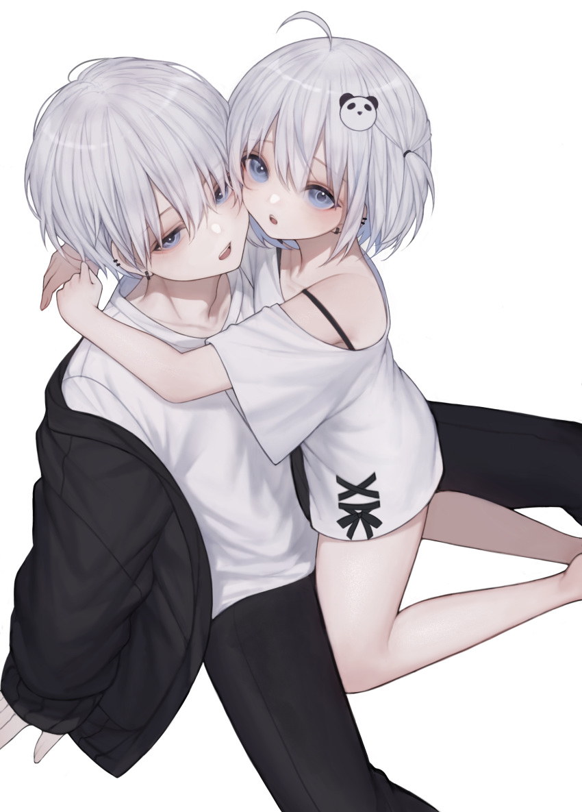 1boy, 1girl, absurdres, aochan_1325, big_brother, blue_eyes, brother_and_sister, ear_piercing, hair_ornament, hairclip, highres, little_sister, looking_at_viewer, original, pale_skin, panda, panda_hair_ornament, piercing, siblings, white_hair