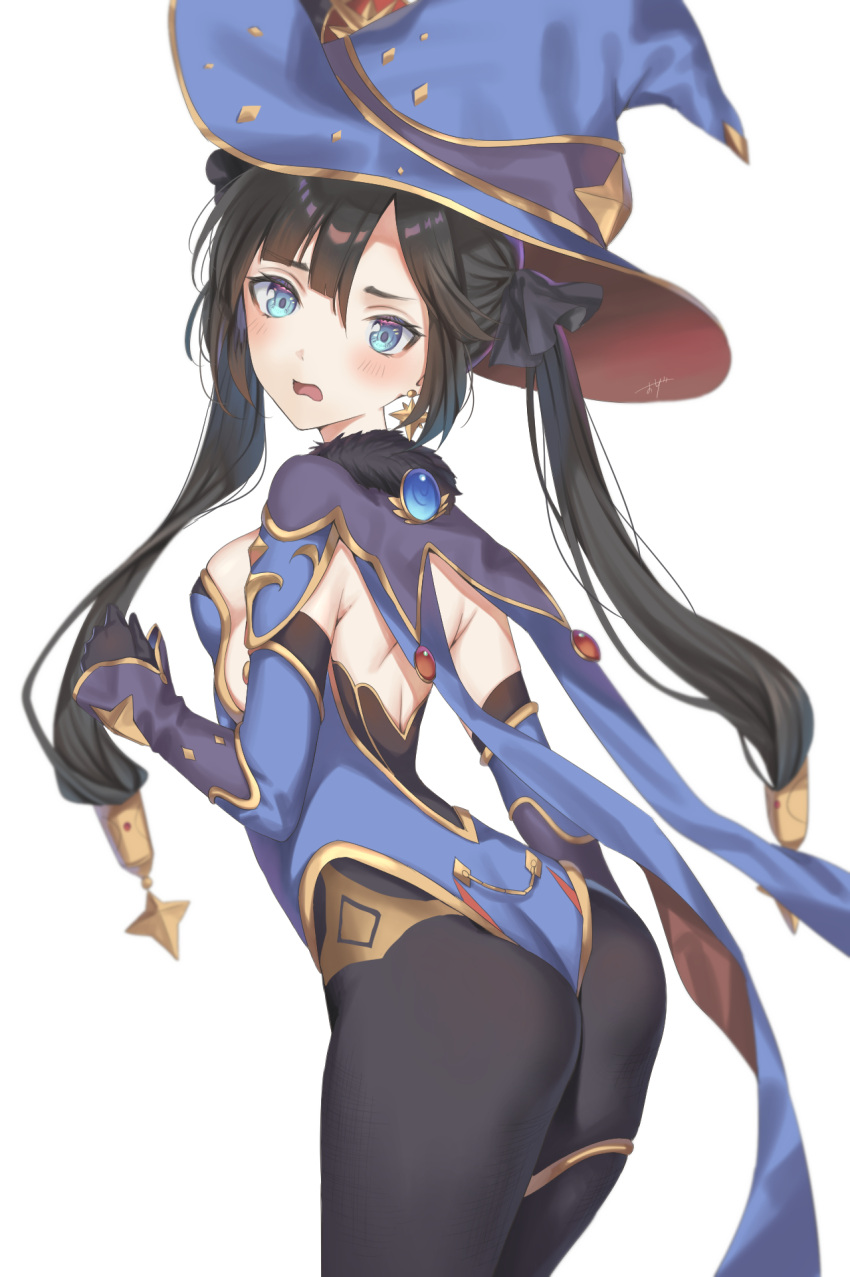 1girl, ass, back, black_gloves, black_hair, blue_cape, blue_headwear, blue_leotard