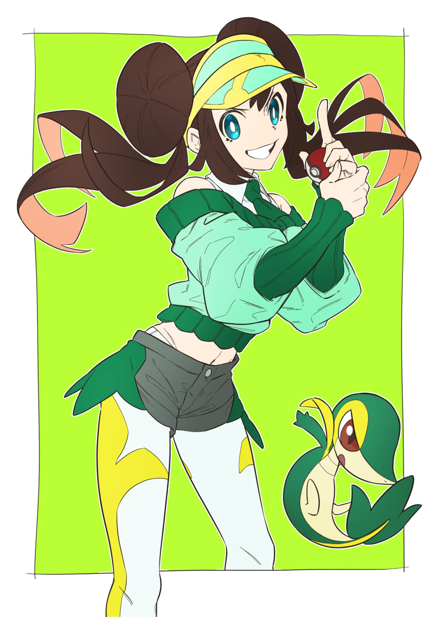 1girl, aqua_eyes, bangs, bare_shoulders, border, bright_pupils, brown_hair, commentary, double_bun, floating_hair, green_background, green_necktie, grey_shorts, grin, hands_up, highres, holding, holding_poke_ball, long_hair, navel, necktie, off-shoulder_jacket, off_shoulder, outside_border, pantyhose, pkpokopoko3, poke_ball, poke_ball_(basic), pokemon, pokemon_(creature), pokemon_(game), pokemon_bw2, rosa_(pokemon), shirt, shorts, sidelocks, sleeveless, sleeveless_shirt, smile, snivy, teeth, twintails, visor_cap, white_border, white_legwear, white_pupils, white_shirt
