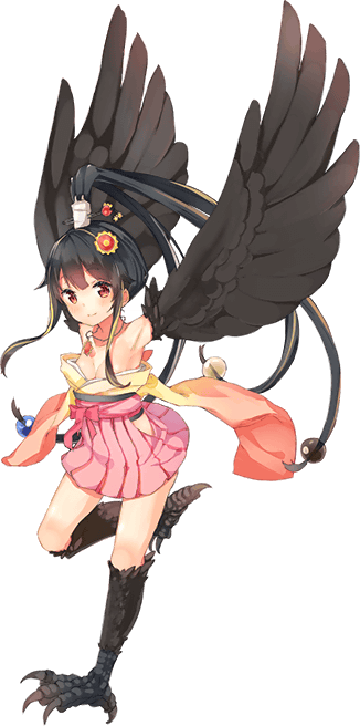 1girl, artist_request, bangs, bare_shoulders, bird_legs, black_feathers, black_hair, black_wings