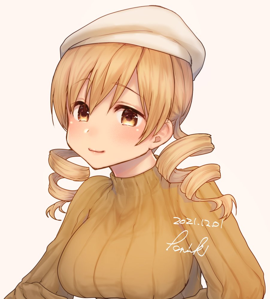 1girl, beret, blush, breasts, closed_mouth, dated, drill_hair, hat