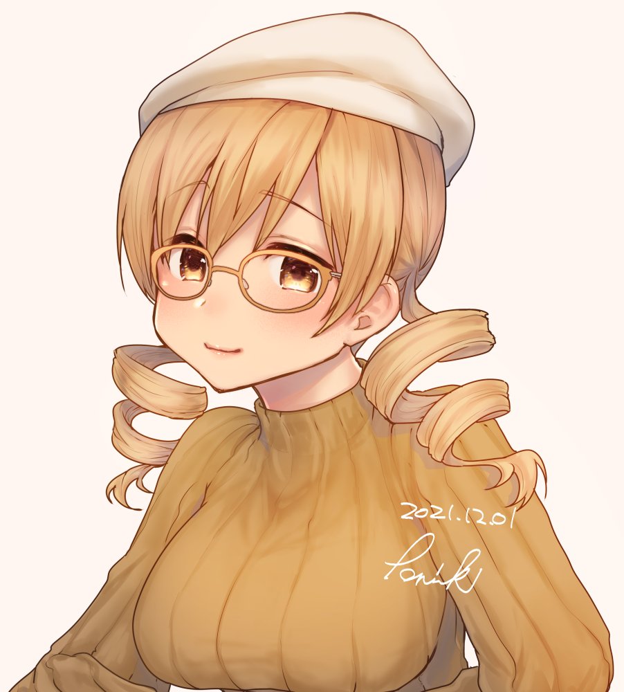1girl, beret, blush, breasts, closed_mouth, dated, drill_hair, glasses