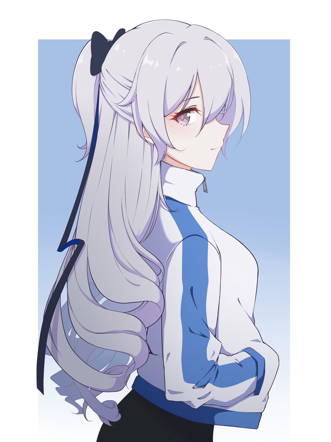 1girl, black_bow, blue_background, bow, bronya_zaychik, closed_mouth, from_side, grey_eyes