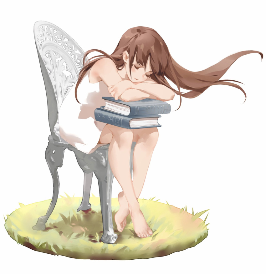 1girl, bangs, barefoot, blush, book, brown_hair, chair, closed_eyes
