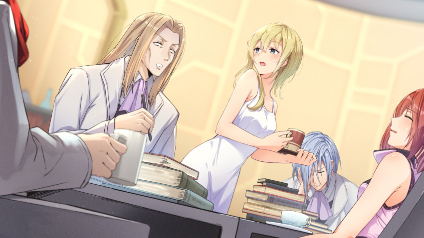 2girls, 3boys, blonde_hair, blurry, blurry_background, blush, book, book_stack, brown_hair, cup, dress, even_(kingdom_hearts), gogo_(detteiu_de), grey_hair, hand_on_own_face, highres, holding, holding_pen, ienzo, indoors, kairi_(kingdom_hearts), kingdom_hearts, long_hair, mug, multiple_boys, multiple_girls, namine, neckerchief, pen, purple_neckerchief, sweatdrop, table, teacup, white_dress