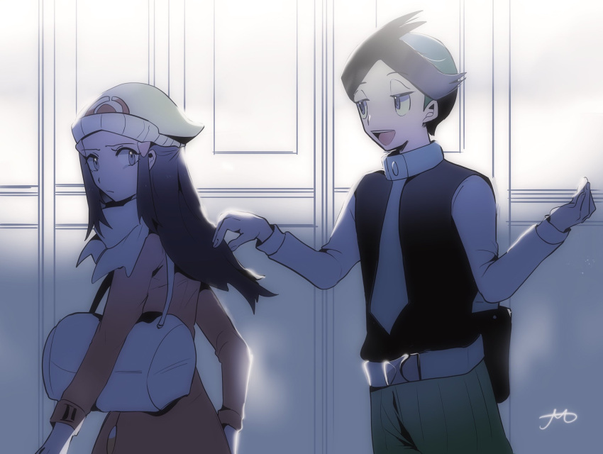 1boy, 1girl, :d, bag, beanie, belt, black_hair, buttons