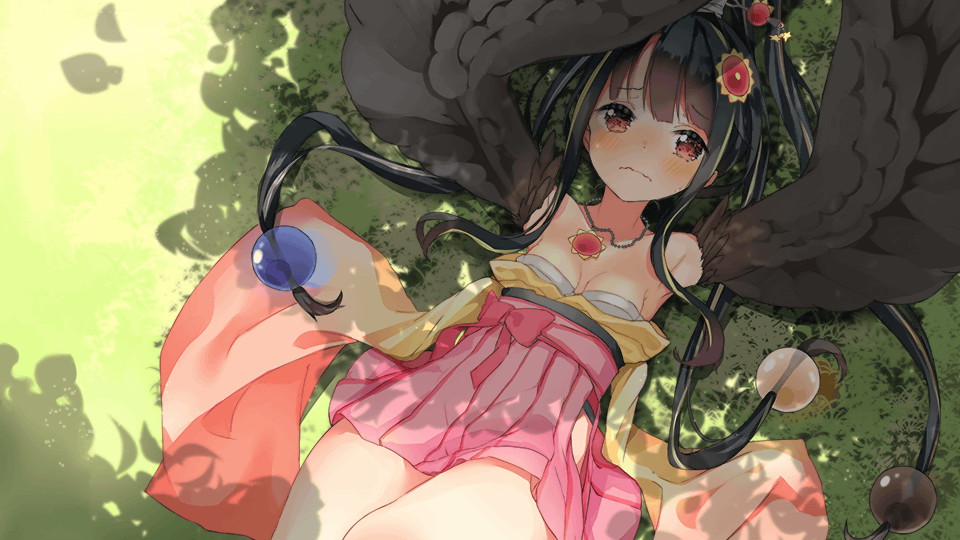 1girl, artist_request, bangs, black_feathers, black_hair, black_wings, blush, breasts