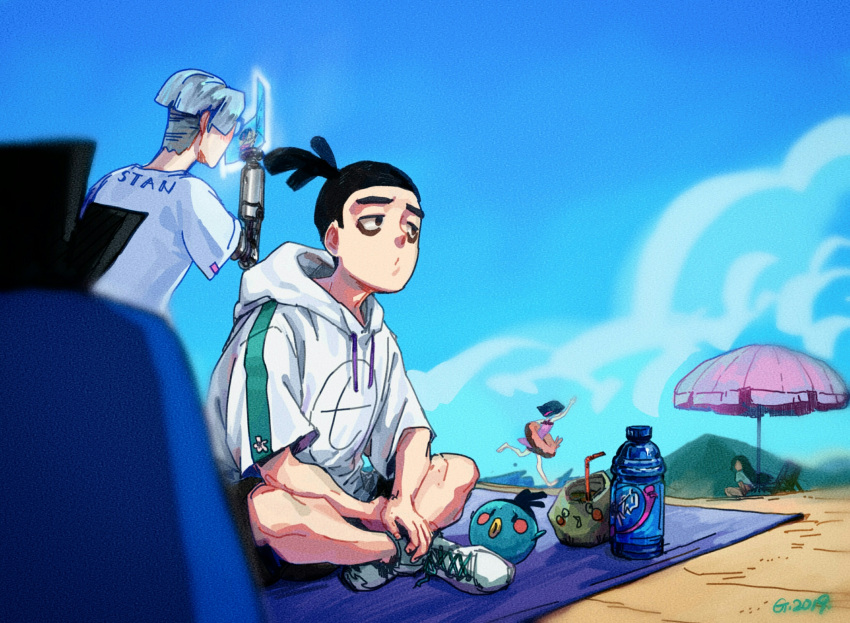 2boys, 2girls, arm_up, artist_name, bags_under_eyes, bangs, beach_chair, beach_towel