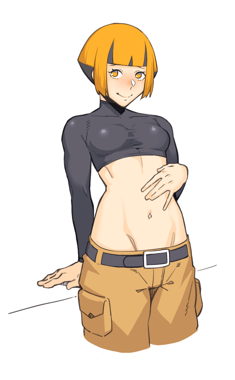 1girl, belt, black_belt, blush, breasts, brown_pants, closed_mouth, copyright_request