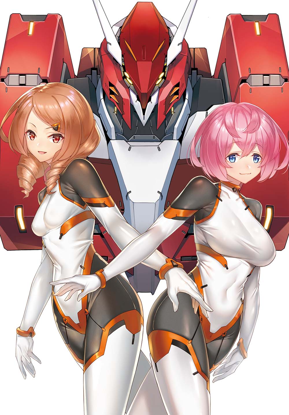 2girls, albireo_scramble, bangs, blue_eyes, blue_hair, bodysuit, breasts, brown_hair, cover, cover_page, covered_navel, drill_hair, extra_eyes, eyebrows_visible_through_hair, highres, large_breasts, leaning_to_the_side, mecha, medium_breasts, medium_hair, multiple_girls, novel_cover, official_art, open_hands, pilot_suit, pink_hair, science_fiction, shirousagi_uyu, short_hair, skin_tight, textless, triangle_hair_ornament, yellow_eyes