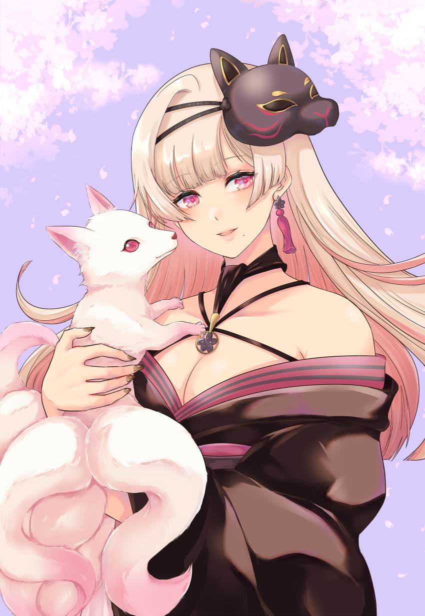 1girl, absurdres, animal, bangs, bare_shoulders, black_kimono, black_nails, blonde_hair