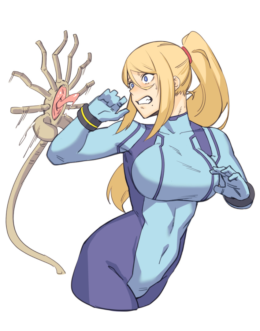 1girl, blonde_hair, blue_bodysuit, blue_eyes, blue_gloves, blush, bodysuit, breasts