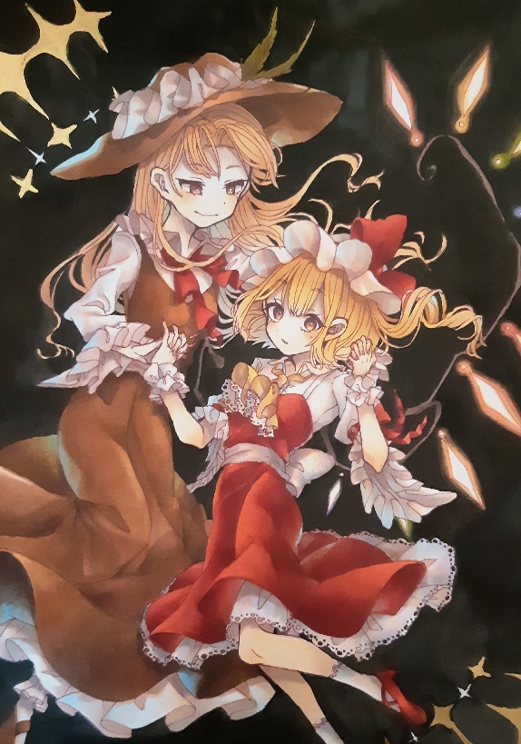 2girls, ascot, bangs, black_skirt, blonde_hair, bow, collared_shirt, crystal, dolls_in_pseudo_paradise, flandre_scarlet, frilled_shirt, frilled_shirt_collar, frilled_skirt, frilled_sleeves, frills, hand_grab, hat, hat_ribbon, jacket_girl_(dipp), laspberry., long_hair, long_skirt, long_sleeves, medium_hair, mob_cap, multiple_girls, one_side_up, puffy_short_sleeves, puffy_sleeves, red_eyes, red_ribbon, red_skirt, red_vest, ribbon, shirt, shoes, short_sleeves, skirt, skirt_set, smile, socks, touhou, vest, white_legwear, white_shirt, wings, yellow_ascot