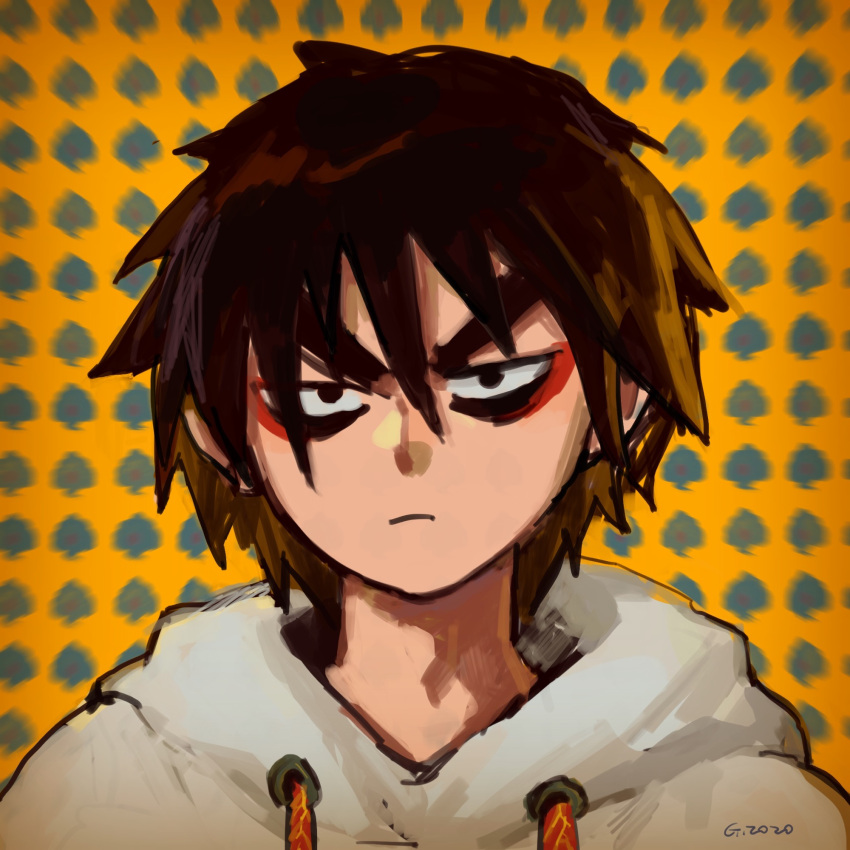1boy, alternate_hair_color, alternate_hairstyle, artist_name, bags_under_eyes, bangs, black_eyes, brown_hair, chinese_commentary, closed_mouth, commentary_request, dated, drawstring, eyeshadow, godzillapigeon1, half-closed_eyes, highres, hood, hood_down, hoodie, looking_at_viewer, makeup, male_focus, orange_background, red_eyeshadow, scissor_seven, seven_(scissor_seven), short_hair, sidelocks, signature, sketch, solo, straight-on, thick_eyebrows, upper_body, v-shaped_eyebrows, white_hoodie