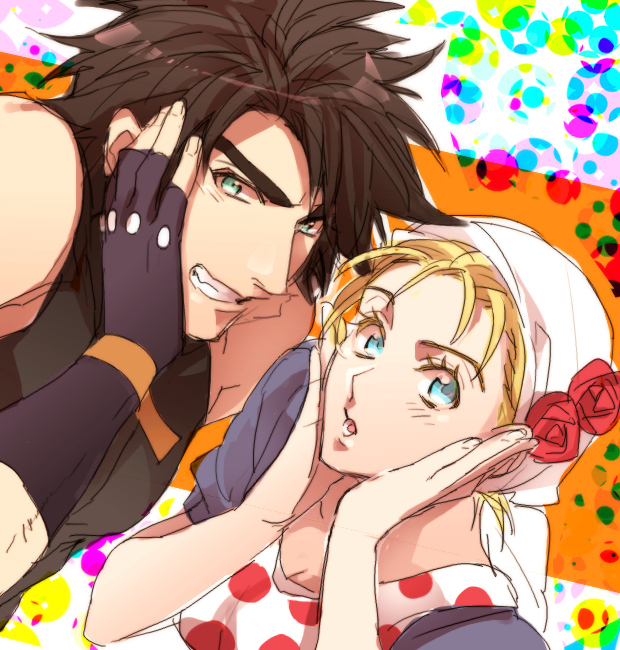 1boy, 1girl, apron, bandana, bare_shoulders, battle_tendency, black_hair, blonde_hair, blue_eyes, blush, brown_hair, chikusawa, fingerless_gloves, gloves, green_eyes, hands_on_own_cheeks, hands_on_own_face, jojo_no_kimyou_na_bouken, joseph_joestar, joseph_joestar_(young), polka_dot, suzi_q
