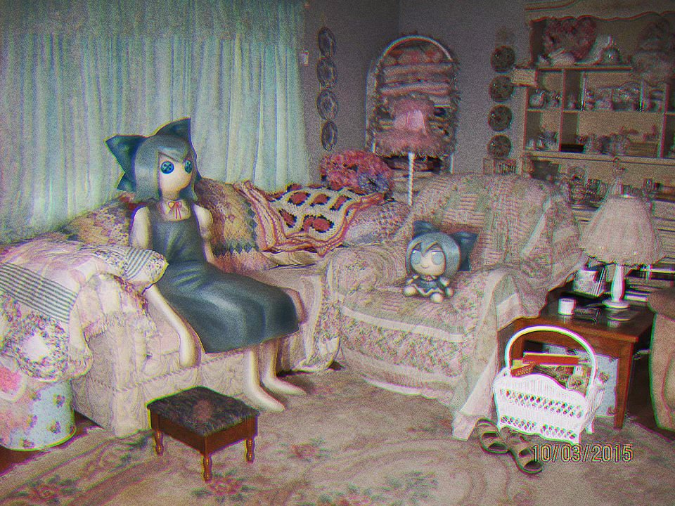 1girl, basket, blanket, blue_dress, blue_eyes, blue_hair, button_eyes, chair