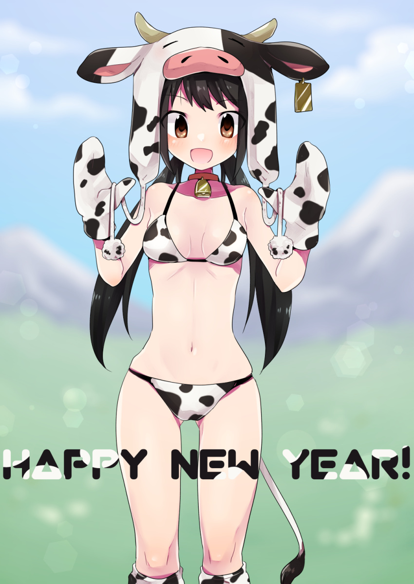 1girl, :d, animal_collar, animal_print, bangs, bell, bikini, black_hair