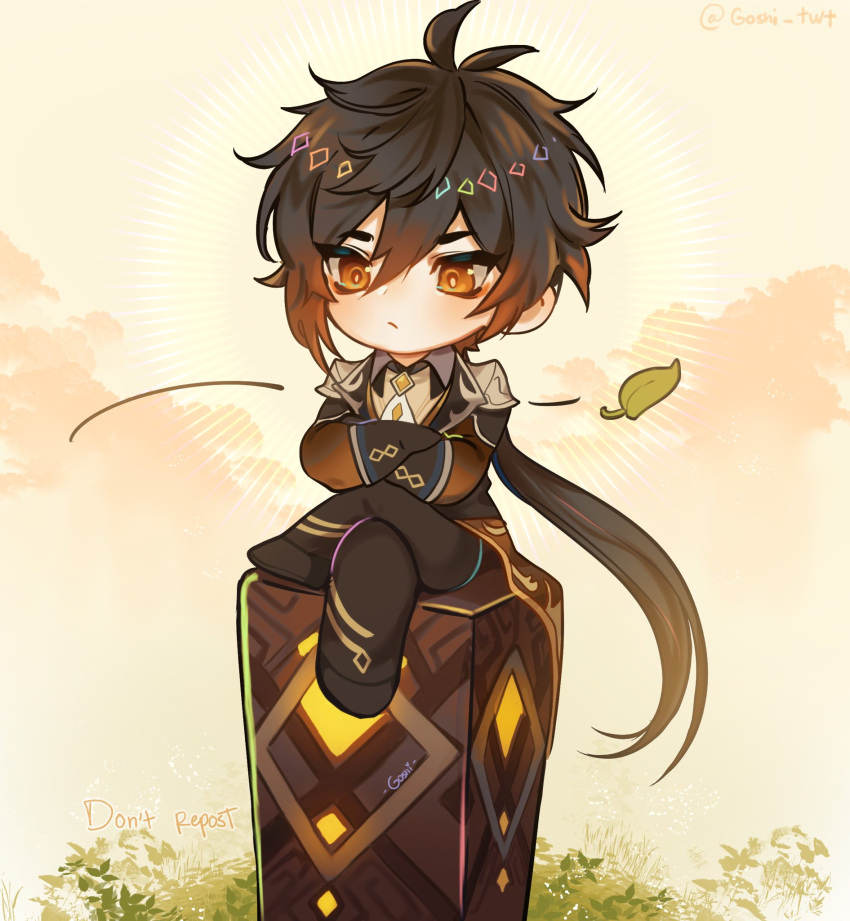 1boy, :/, antenna_hair, artist_name, atop, bangs, black_gloves, black_hair