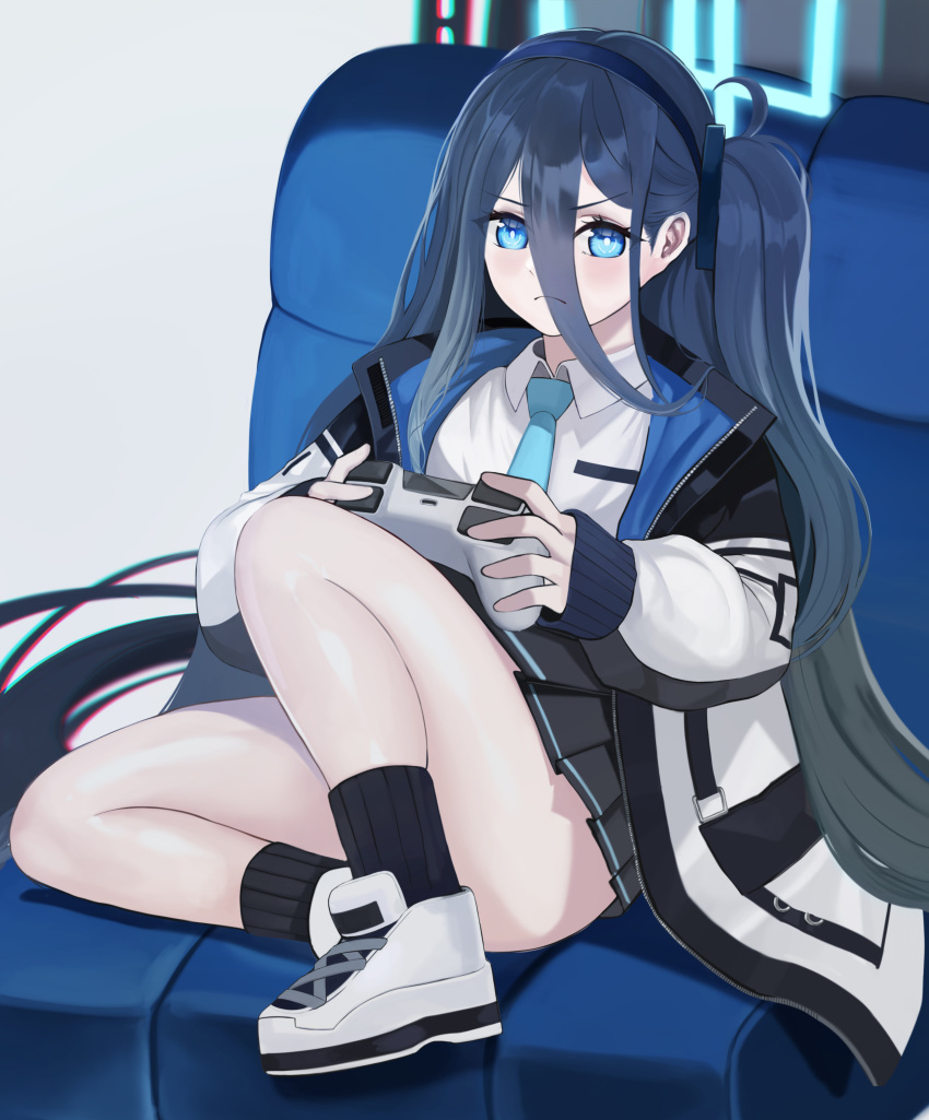 1girl, absurdres, arisu_(blue_archive), armchair, bangs, black_skirt, blue_archive, blue_eyes