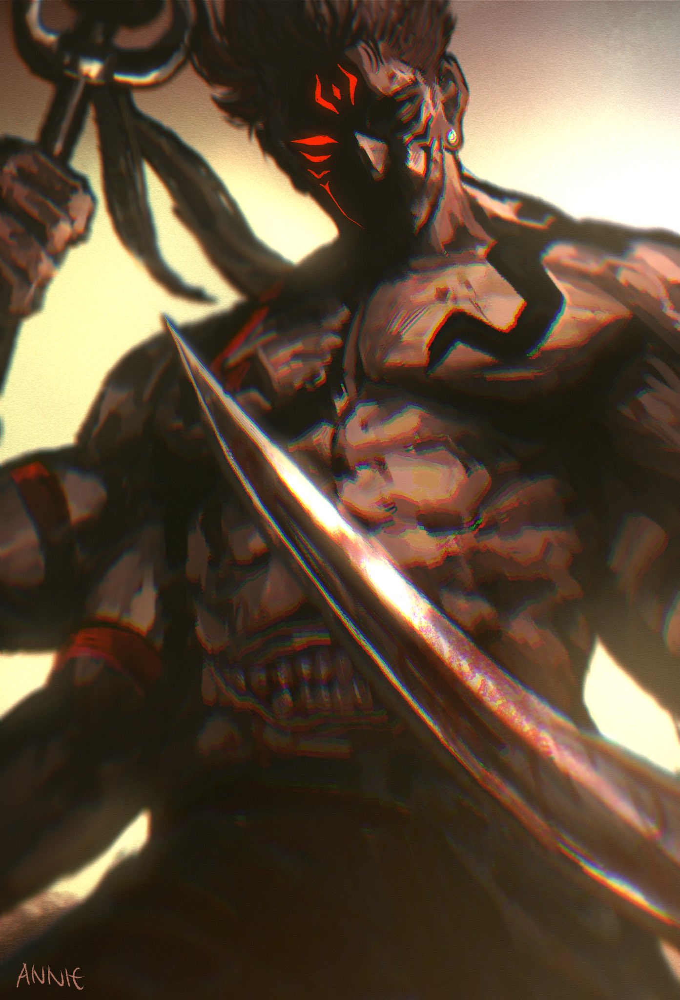 1boy, abs, anniechromes, armband, artist_name, backlighting, biceps, blood, blood_on_weapon, blurry, body_markings, demon_boy, ear_piercing, extra_arms, extra_mouth, facial_mark, from_below, glowing_markings, highres, jujutsu_kaisen, looking_at_viewer, male_focus, muscular, muscular_male, pectorals, piercing, ryoumen_sukuna_(jujutsu_kaisen), short_hair, signature, solo, spiky_hair, staff, sword, top, topless_male, weapon