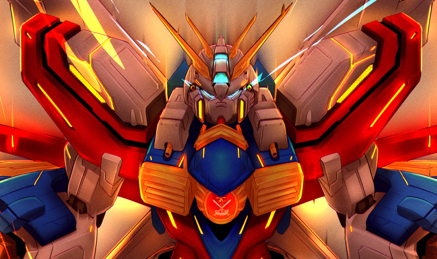fighting_stance, g_gundam, glowing, glowing_hand, god_gundam, green_eyes, gundam, highres