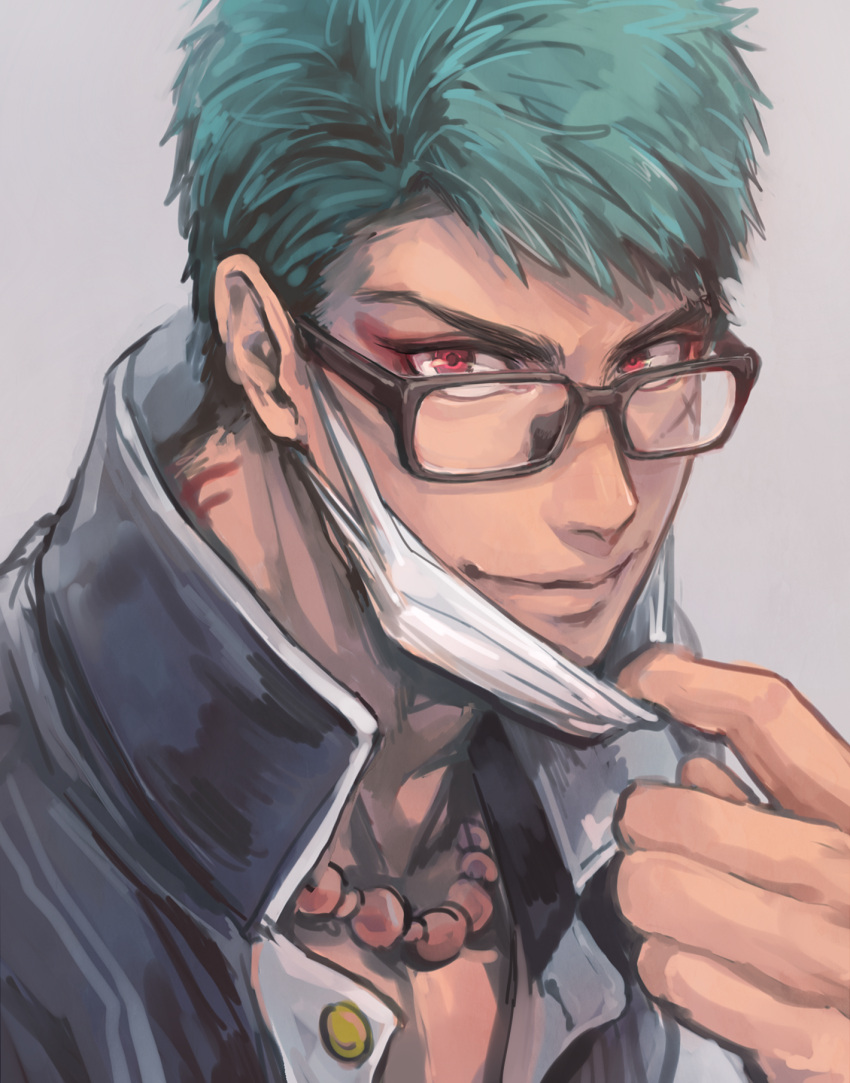 1boy, aqua_hair, bead_necklace, beads, black_jacket, cafemoka-septro, closed_mouth, eyeshadow, glasses, high_collar, highres, jacket, jewelry, looking_at_viewer, makeup, male_focus, mask, mask_pull, mouth_mask, necklace, pulled_by_self, red_eyes, scar, scar_on_cheek, scar_on_face, short_hair, solo, touken_ranbu, yamabushi_kunihiro