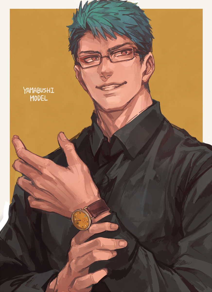 1boy, adjusting_clothes, aqua_hair, black_shirt, cafemoka-septro, collared_shirt, eyeshadow, highres