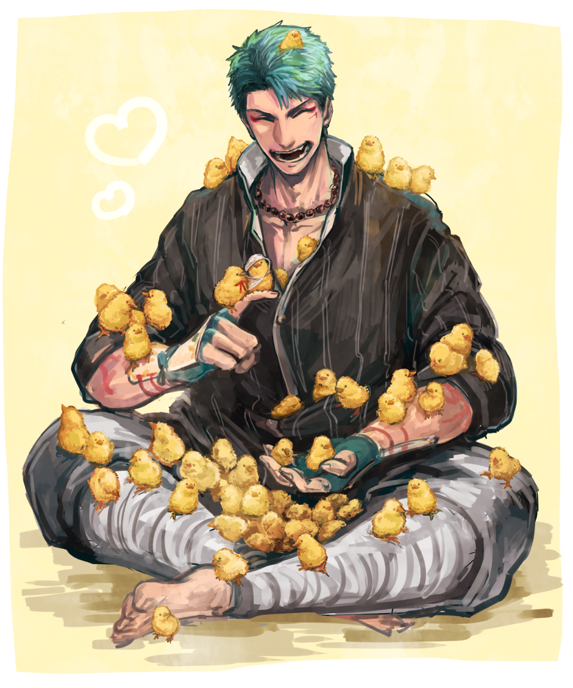 1boy, animal, animal_on_head, aqua_gloves, aqua_hair, arm_tattoo, bead_necklace, beads