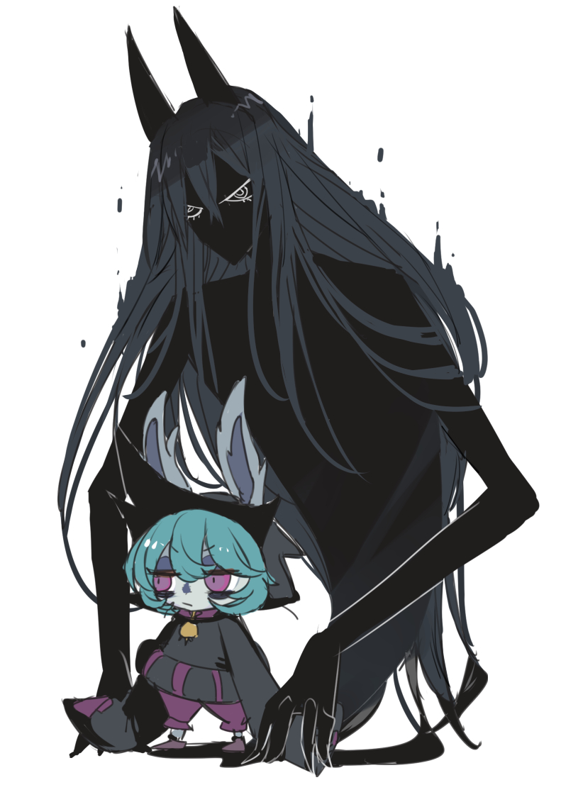 1girl, 1other, :/, angry, aqua_hair, bags_under_eyes, black_horns, closed_mouth