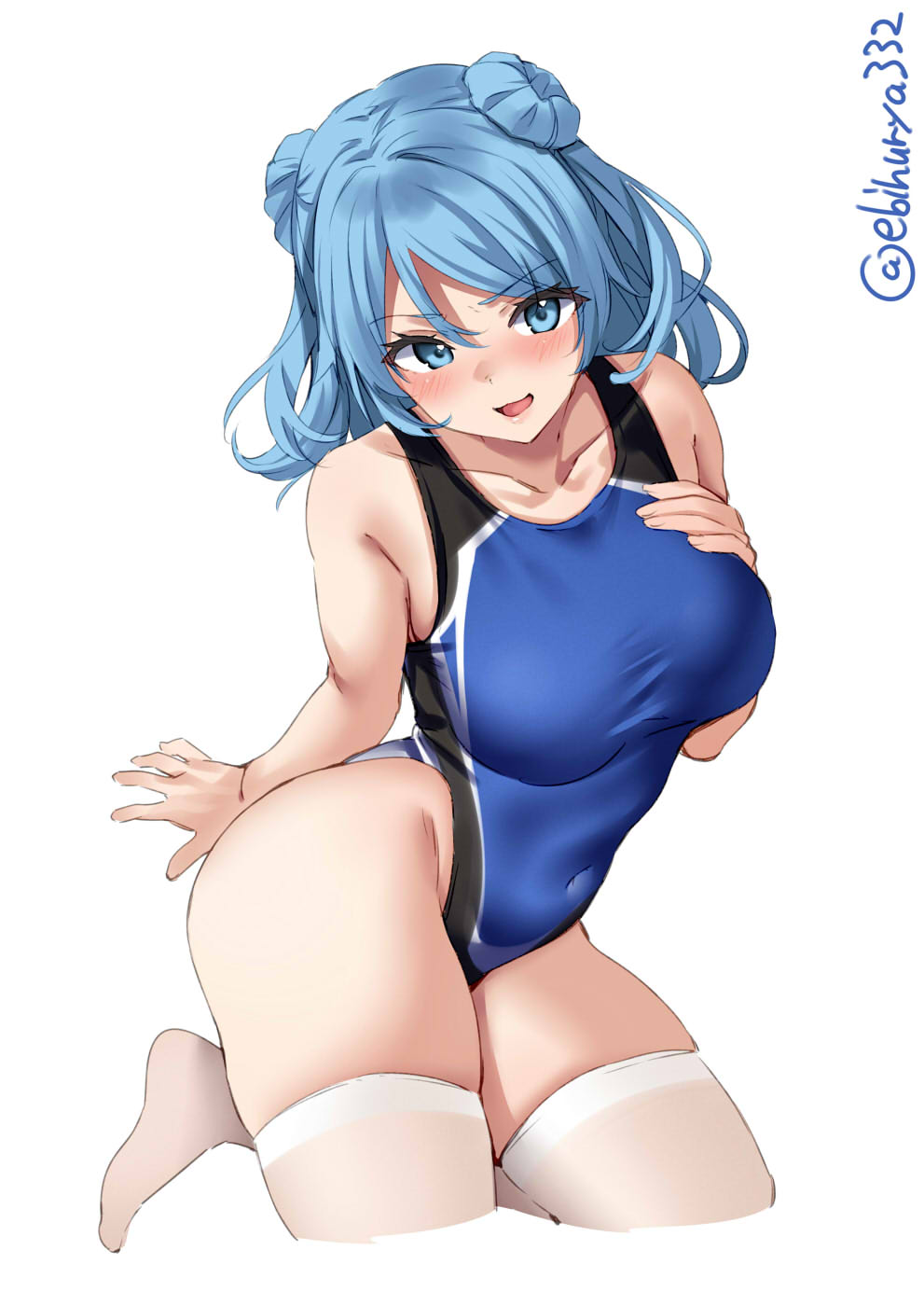 1girl, alternate_costume, black_swimsuit, blue_eyes, blue_hair, blue_swimsuit, blush, breasts