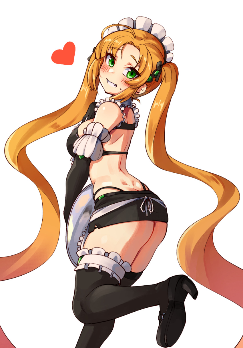 ahoge, ajidot, alternate_costume, apron, bikini, black_gloves, black_legwear, blush, dimples_of_venus, elbow_gloves, enmaided, frilled_apron, frills, from_behind, gloves, green_eyes, grin, heart, highres, last_origin, leg_up, long_hair, looking_at_viewer, looking_back, maid, maid_apron, maid_bikini, maid_headdress, nereid_(last_origin), orange_hair, simple_background, smile, sweatdrop, swimsuit, thigh-highs, tray, twintails, very_long_hair, waist_apron, white_apron, white_background