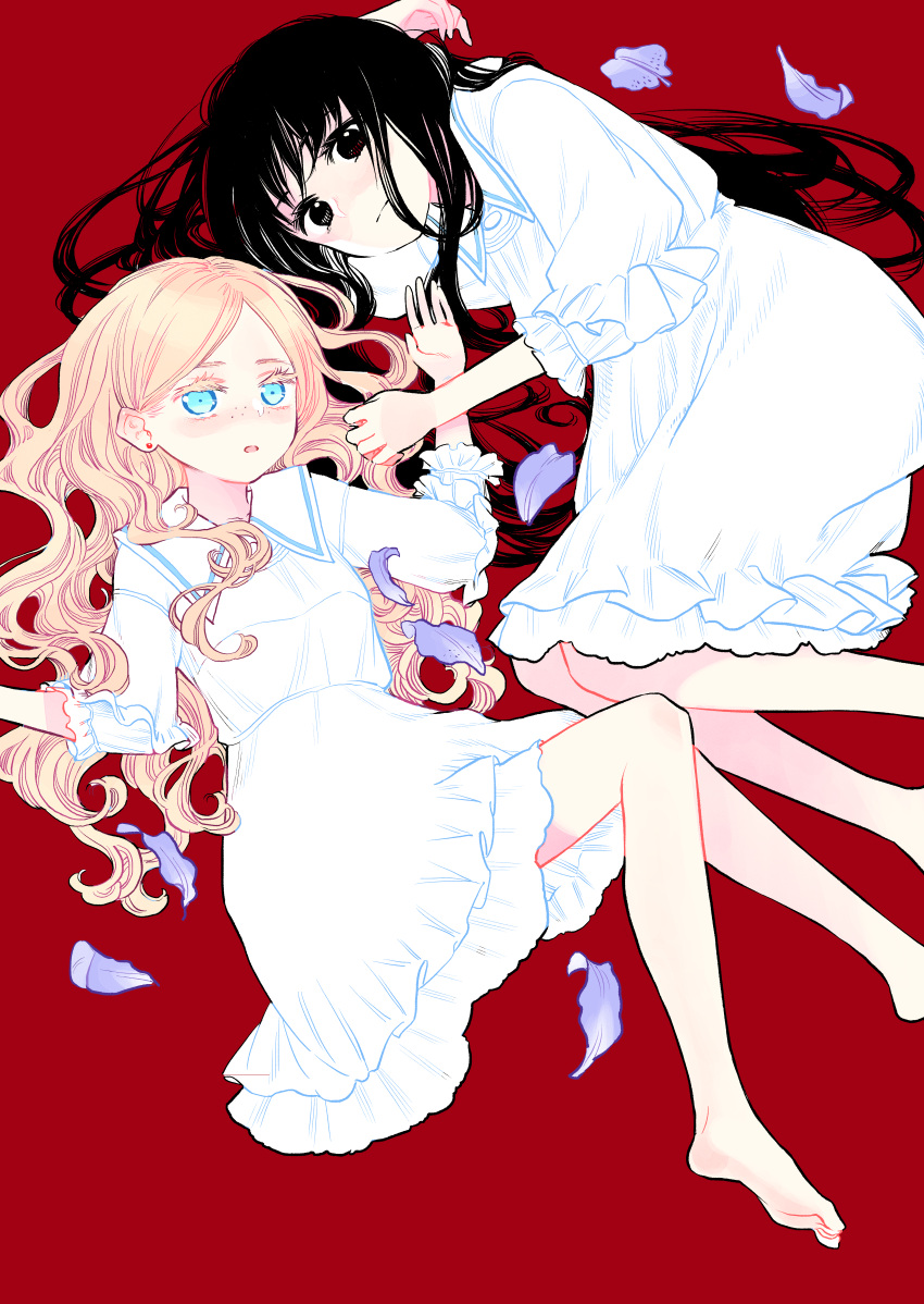 2girls, absurdres, bare_legs, barefoot, black_eyes, black_hair, blonde_hair, blue_eyes