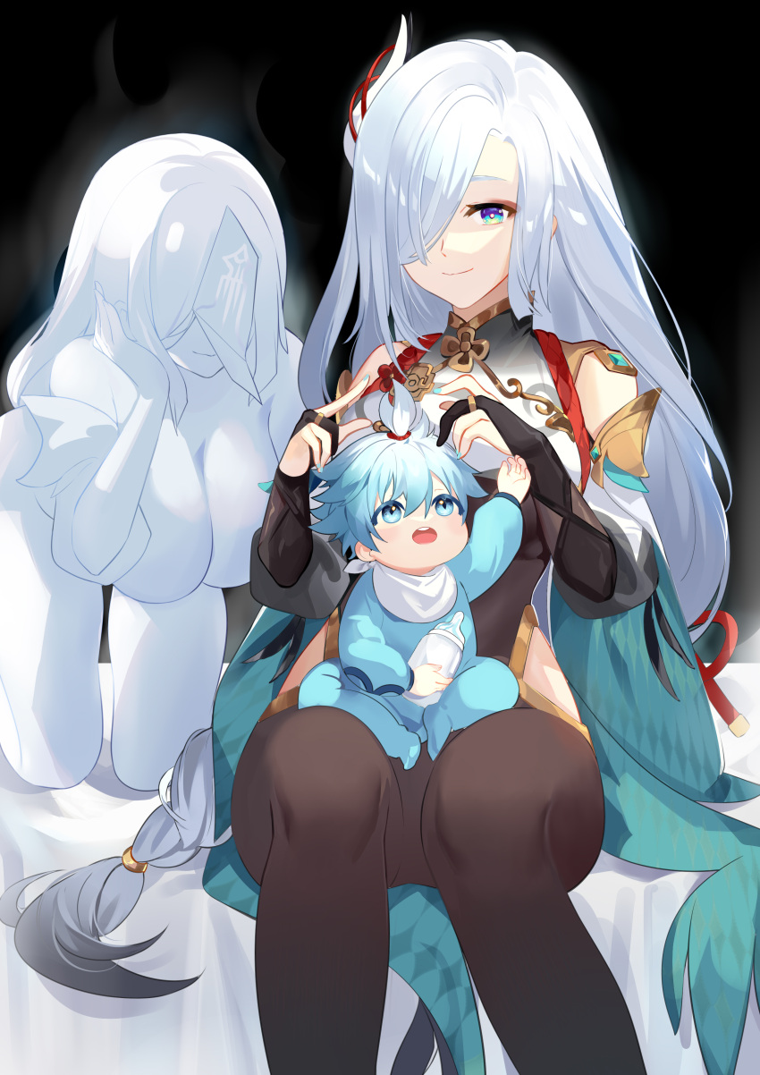 1boy, 1girl, 446784331, absurdres, age_difference, aunt_and_nephew, aura, baby, bangs, bib, black_background, black_bodysuit, black_gloves, blue_eyes, blue_hair, blush, bodysuit, bottle, braid, braided_ponytail, breasts, chongyun_(genshin_impact), clone, crop_top, crop_top_overhang, earrings, eyelashes, feet_out_of_frame, genshin_impact, gloves, hair_ornament, hair_over_one_eye, highres, jewelry, kneeling, large_breasts, long_hair, milk_bottle, motherly, ofuda, one_eye_covered, open_mouth, partially_fingerless_gloves, puffy_sleeves, shenhe_(genshin_impact), sidelocks, silver_hair, simple_background, sitting, sitting_on_lap, sitting_on_person, smile, tassel, tassel_earrings, younger
