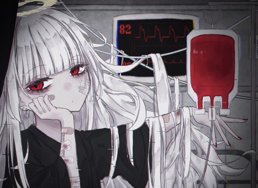 1girl, baggy_clothes, bags_under_eyes, bandages, bandaid, black_shirt, blood, blood_bag