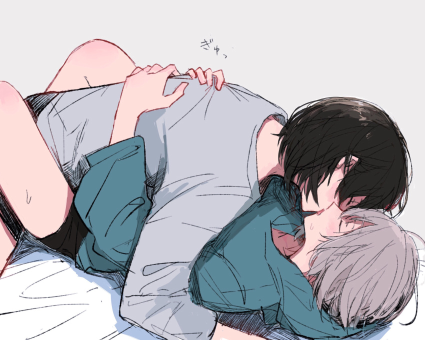2girls, aoba_moca, bang_dream!, between_legs, black_hair, blush, closed_eyes, french_kiss
