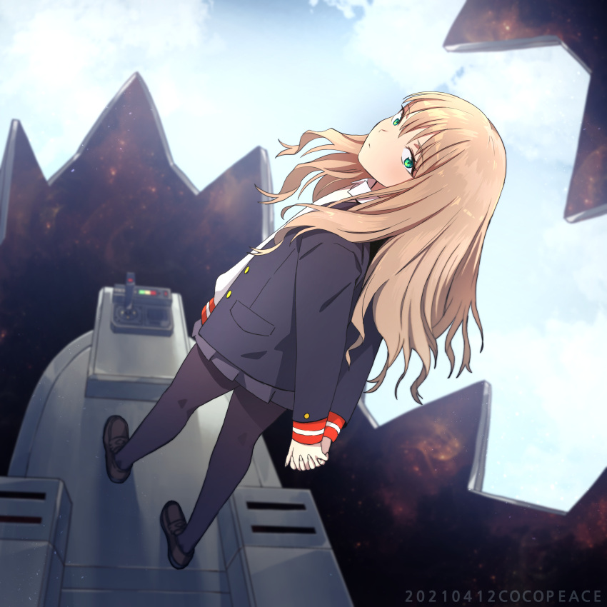 1girl, backpack, bag, bangs, black_legwear, brown_hair, cardigan, closed_mouth