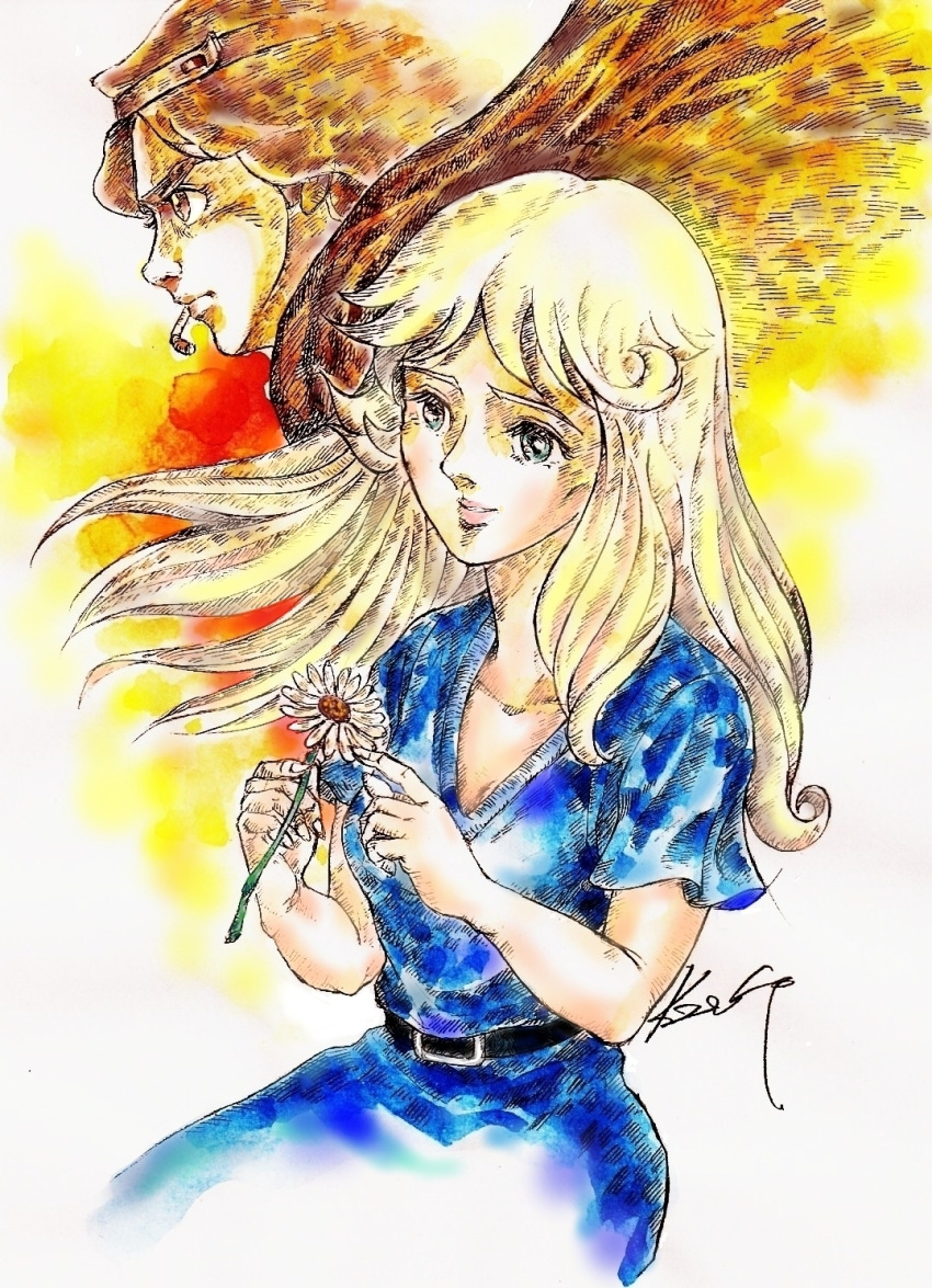1boy, 1girl, belt, blonde_hair, blue_dress, brown_cape, brown_eyes, brown_hair