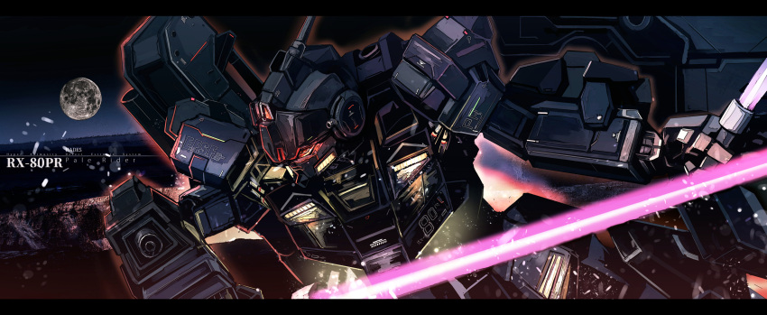 beam_saber, character_name, commentary_request, dual_wielding, full_moon, glowing, glowing_eyes, gundam