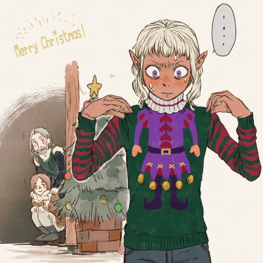 ..., 3boys, blush, brown_hair, christmas, christmas_tree, dark_elf, delgal_(dungeon_meshi), dungeon_meshi, elf, embarrassed, english_text, facial_hair, flatamany, goatee, highres, multiple_boys, mustache, pointy_ears, speech_bubble, star_(symbol), sweatdrop, thistle_(dungeon_meshi), ugly_sweater, violet_eyes, white_hair, yaad_(dungeon_meshi)