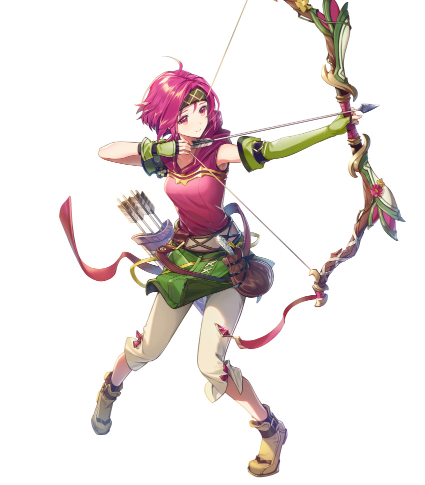 1girl, ahoge, armor, arrow_(projectile), asymmetrical_gloves, bangs, belt, belt_pouch